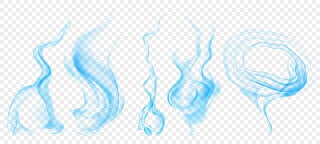 Set of several realistic transparent light blue smokes or steam for use on light background Transparency only in vector format