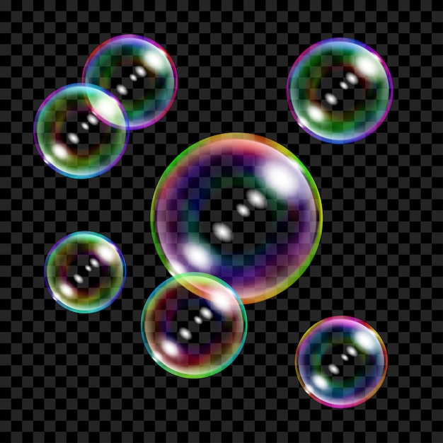 Set of several translucent colored soap bubbles on transparent background. Transparency only in vector format