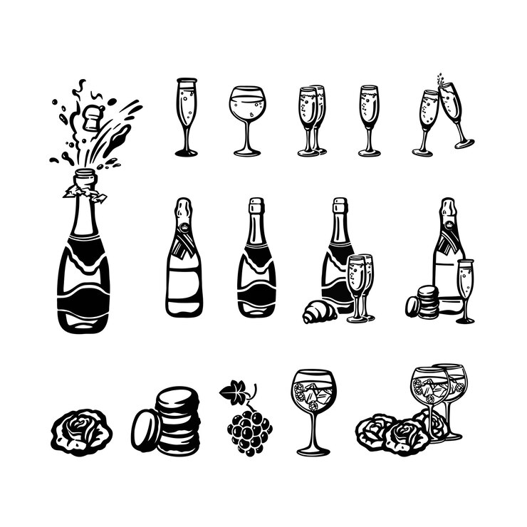 Vector set of silhouettes with champagne glasses of wine illustration