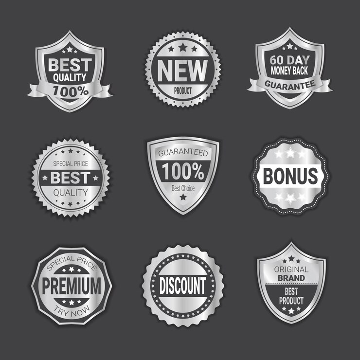 Vector set of silver shopping badge sale or high quality shields emblem isolated 