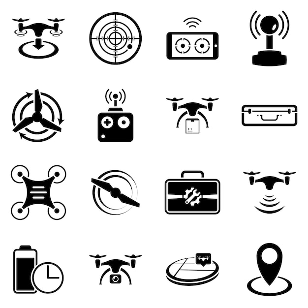 set of simple icons on a theme drone vector design collection flat sign symbolelement object illustration black icons isolated against white background