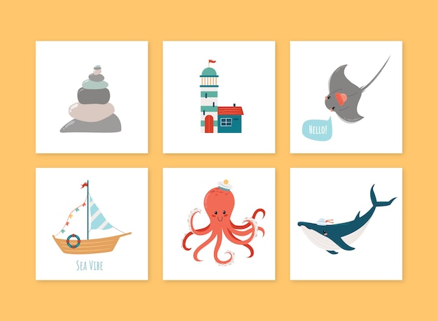 Set of Small Cards or Posters with Nautical Theme Featuring Lighthouse Whale Ray Octopus Sailbo