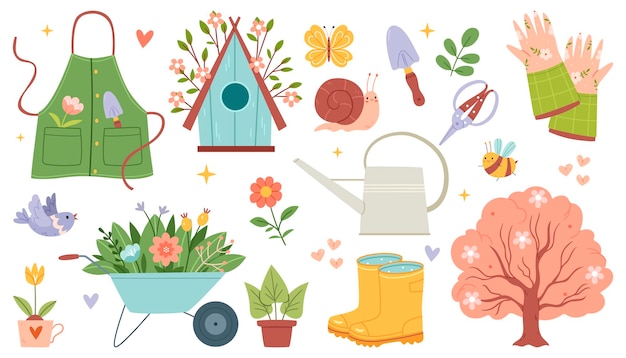 Set of spring garden illustrations in hand drawn style Flat design