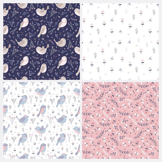 Set of spring seamless patterns with leaves and dragonflies
