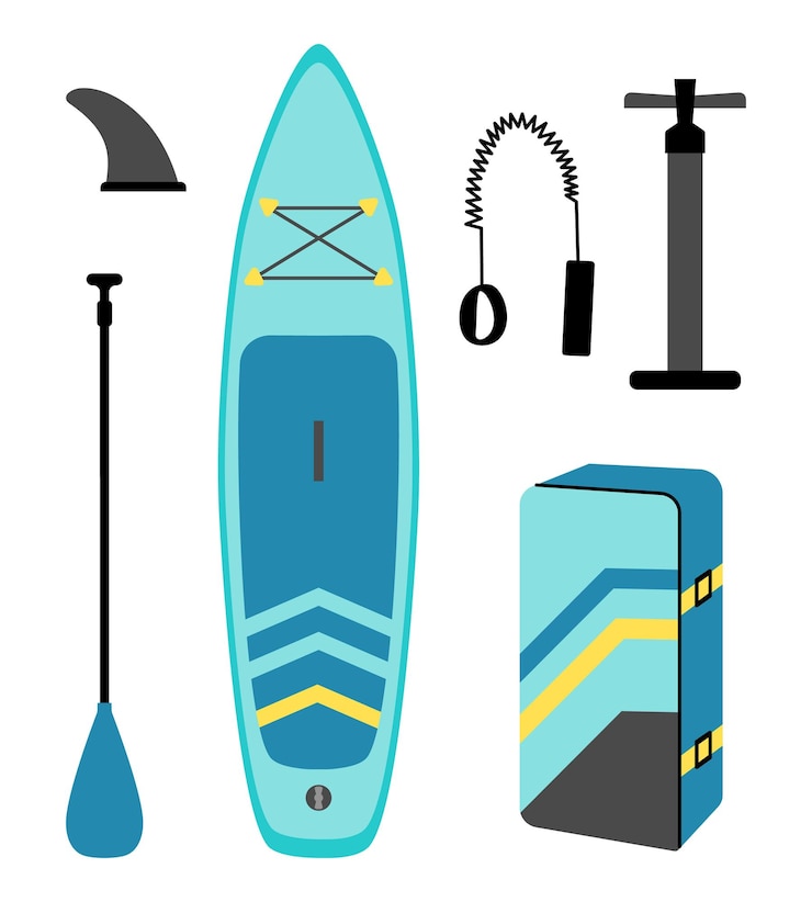 Vector set of standup paddleboard and accessories sup board pump fins and oars flat style illustration
