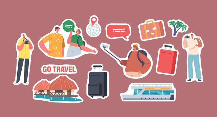 Vector set of stickers tourists men and women backpackers with rucksacks and cameras isolated patches travelers hiking