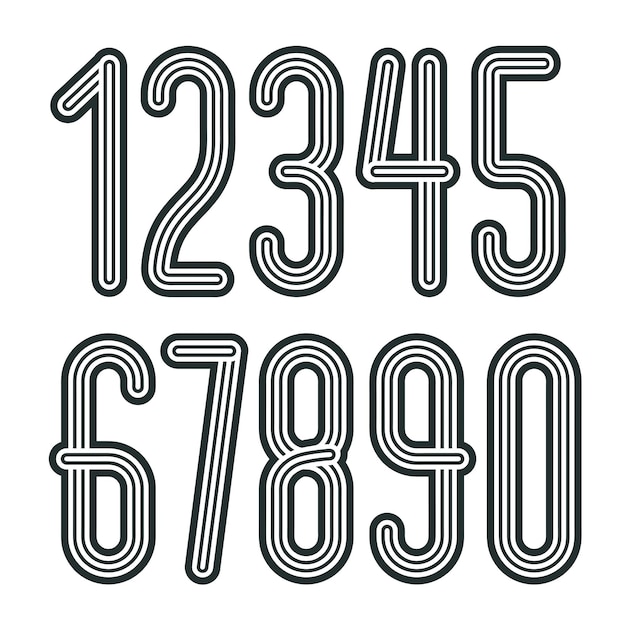 set of stylish disco vector digits, modern numerals collection. funky tall numerals from 0 to 9 best for use in poster art. made with triple stripy decoration.