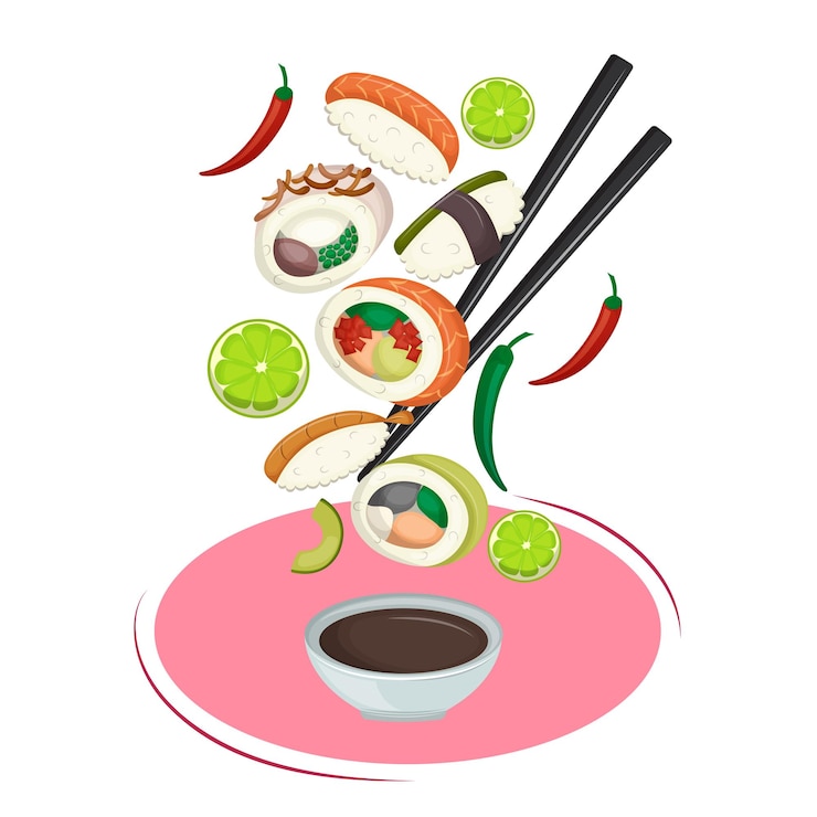 Vector set of sushi limes and peppers falling into bowl of soy sauce background in style of asian cuisine
