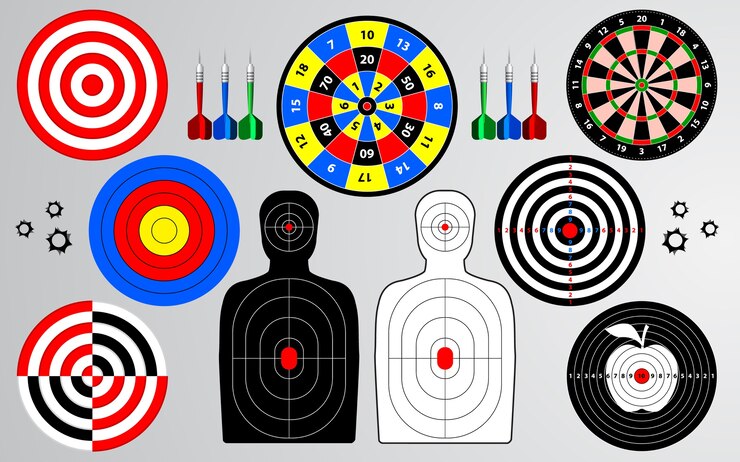 Vector set of target shooting range, dartboard, archery.