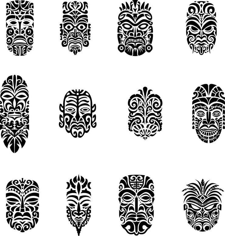 Set of tattoo sketch maori style for leg or shoulder With turtle sun face mask swastika
