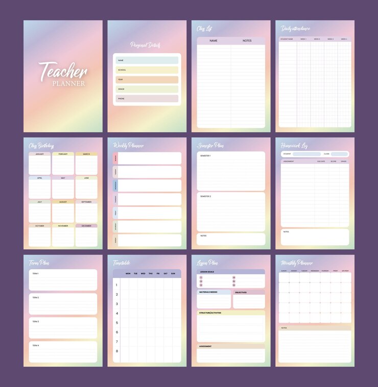 Vector set of teacher and student school planner vector template on colorful gradient background