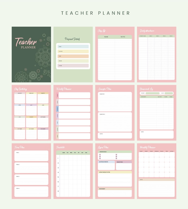 Vector set of teacher and student school planner vector template on colorful gradient background