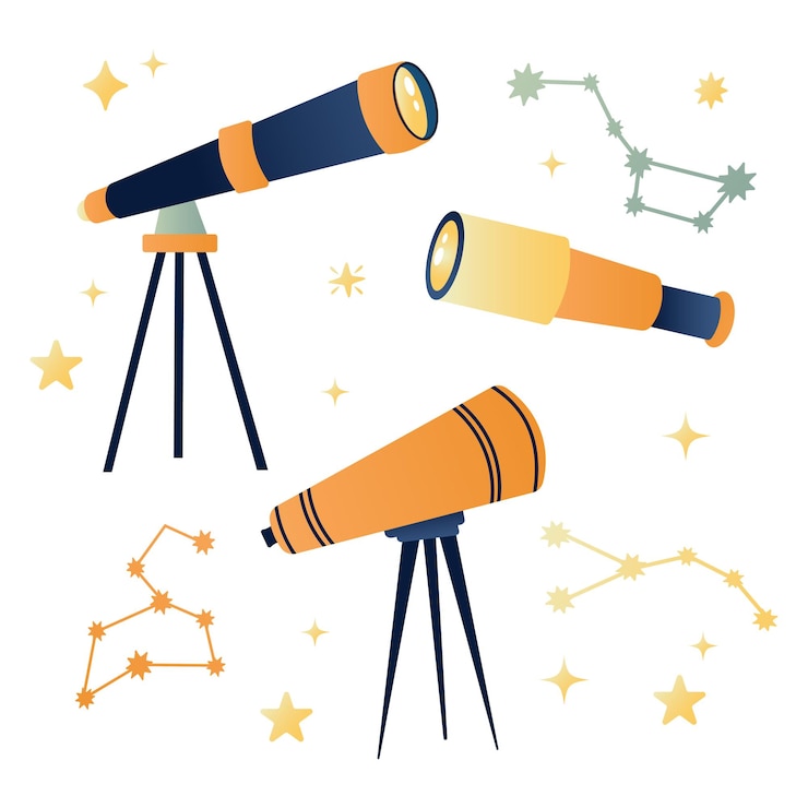 Vector set of telescopes in flat cartoon style with stars