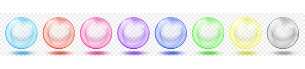 Set of translucent colored spheres with glares and shadows on transparent background. Transparency only in vector format