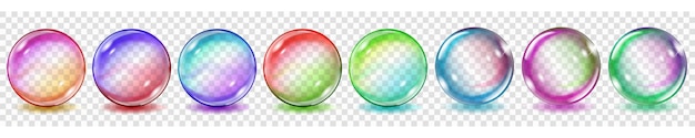 Set of translucent colored spheres with glares and shadows on transparent background. Transparency only in vector format