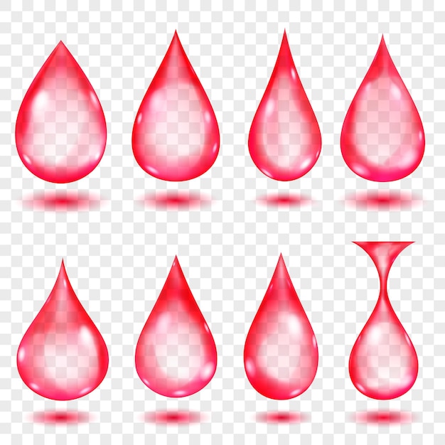 Set of translucent water drops in red colors in various shapes isolated on transparent background