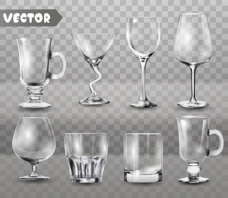 Vector set of transparent glasses goblets.