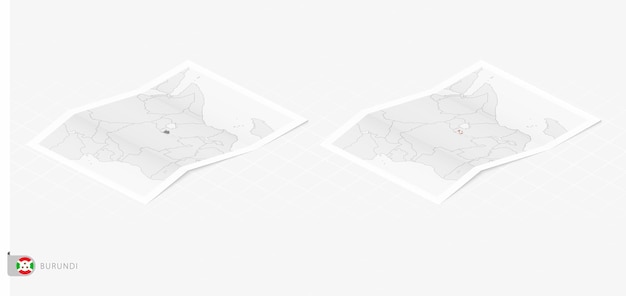 Set of two realistic map of Burundi with shadow The flag and map of Burundi in isometric style