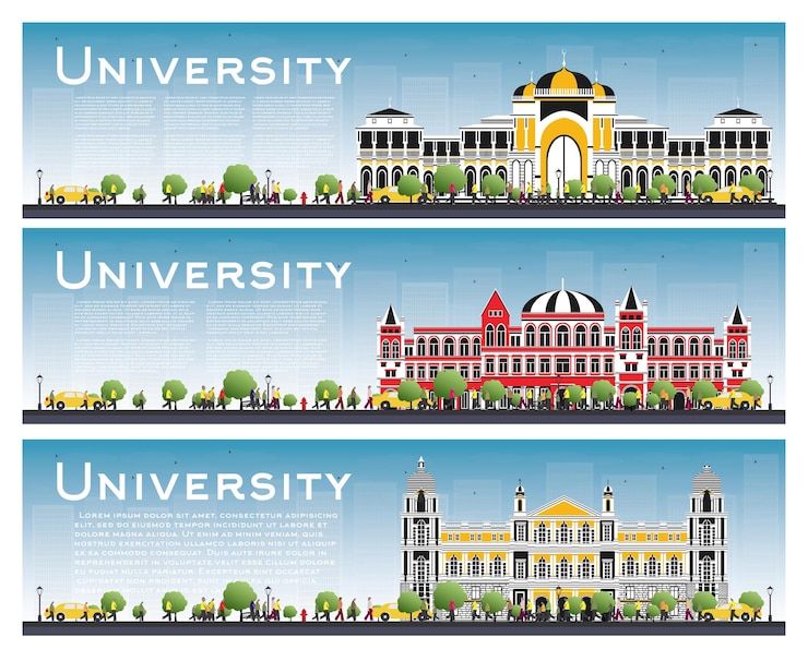 Vector set of university campus study banners. vector illustration. students go to the main building of university. skyline with blue sky and green tree. banner with copy space.