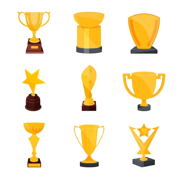 Set of various gold bronze medals and cups Golden trophy