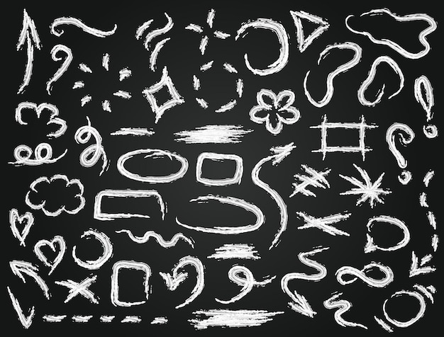 Set of vector chalk linear sketchy elements frames ovals squares arrows marks crosses emphasis