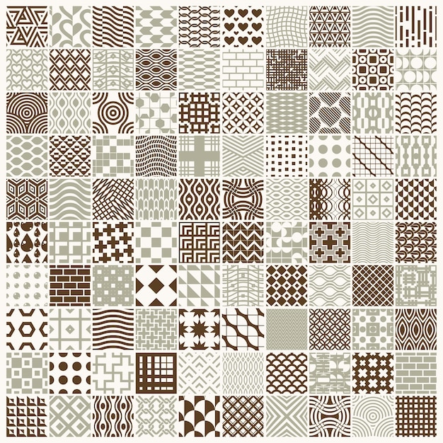 set of vector endless geometric patterns composed with different figures like rhombuses, squares and circles. 100 graphic tiles with ornamental texture can be used in textile and design.