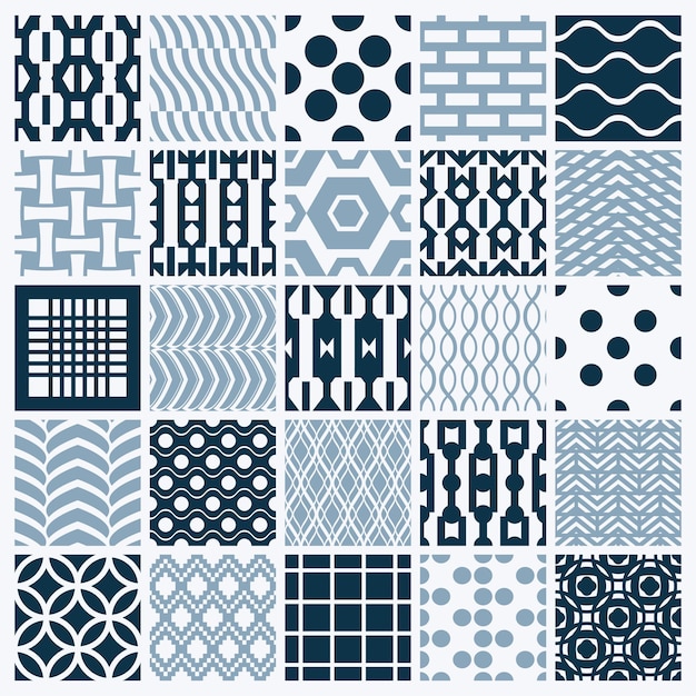 Set of vector endless geometric patterns composed with different figures like rhombuses, squares and circles. Graphic ornamental tiles made in black and white colors.