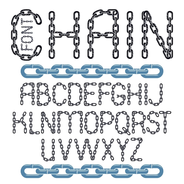 Set of vector English alphabet letters isolated. Upper case decorative font created using metal connected chain link.