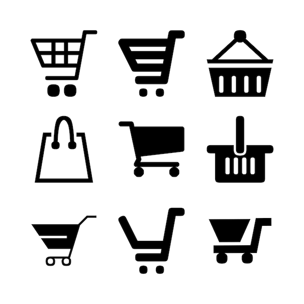 set of vector icons of shopping cart and shopping cart trolley and grocery basket