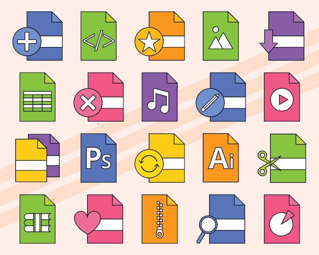 Set of vector icons related to files and documents including folders and file types