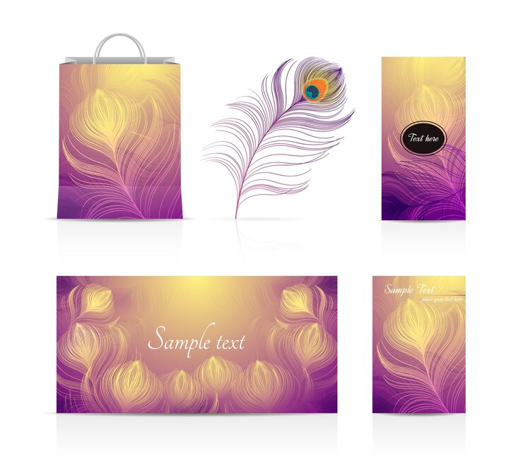 Set of vector illustrations of leaflets cards peacock feathers shopping bag