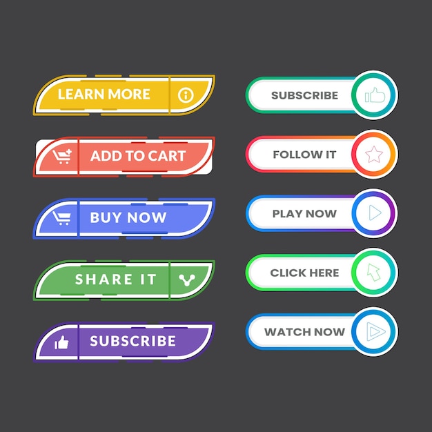 Set of vector modern trendy flat buttons Different colors of main shapes and icons with black outli