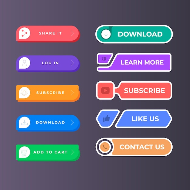 Set of vector modern trendy flat buttons Different colors of main shapes and icons with black outli