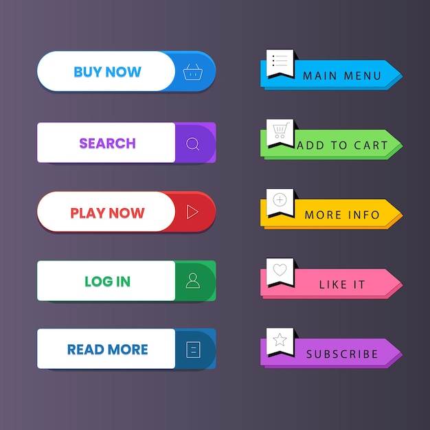 set of vector modern trendy flat buttons different colors of main shapes and icons with black outli