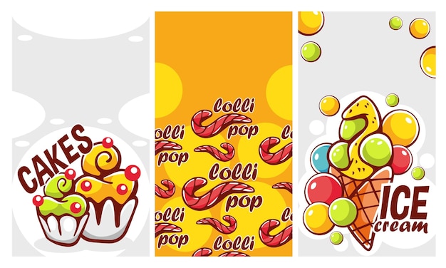 set of vector patterns in cartoon style on the theme of sweets and lettering
