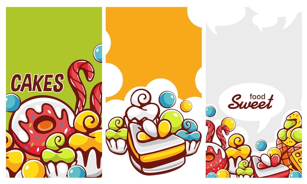 set of vector patterns in cartoon style on the theme of sweets and lettering