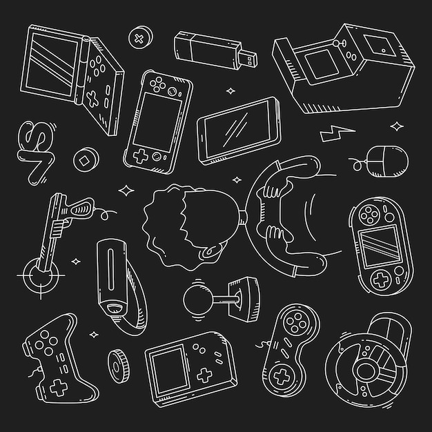 set of video game console doodle line art vector illustration
