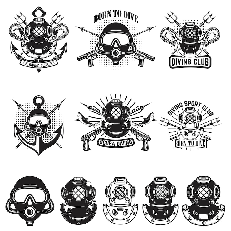 Vector set of vintage dive helmets. diver emblems. diver weapon.  illustration