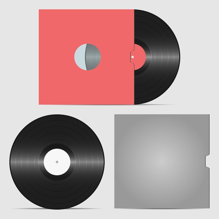 Vector set of vinyl record and envelope for plate retro sound carrier plate for dj scratch
