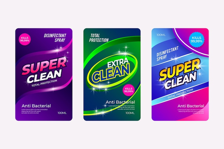 Vector set of viricidal and bactericidal cleaner labels