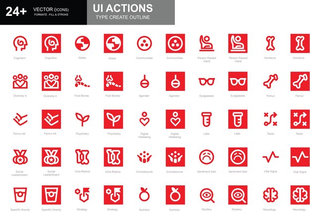 Set of white and red outline style Social UI action icons including globe femur labs and more