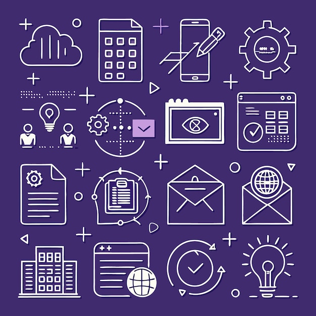 Set of white line icons on a dark blue background including cloud computing mobile gear document checklist email globe building and lightbulb