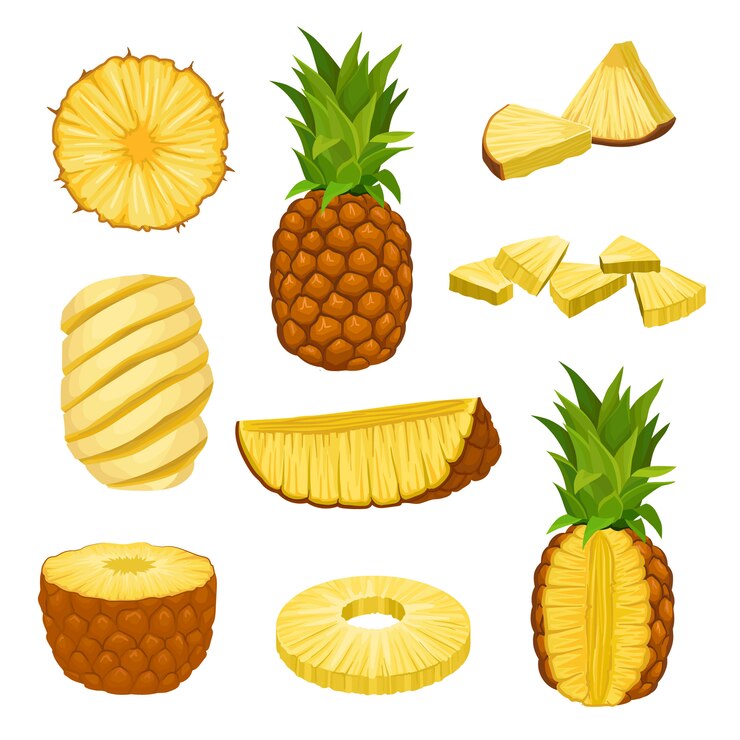 Vector set of whole, halves and chopped pineapples.