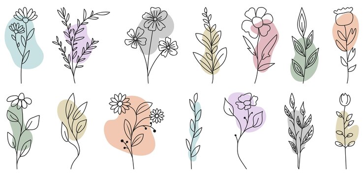 Set of wild flowers and leaves with abstract fluid shapes