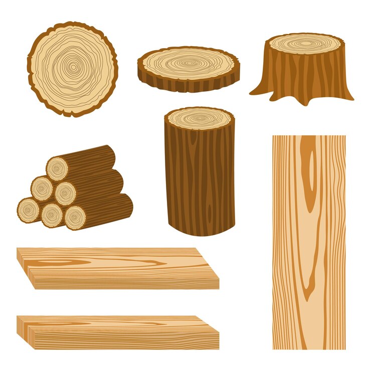 Vector set of wood logs for forestry and lumber industry illustration of trunks stump and planks