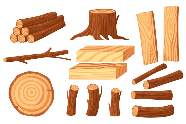 Vector set of wood logs for lumber industry with trunks stump and planks flat  illustration isolated on white background