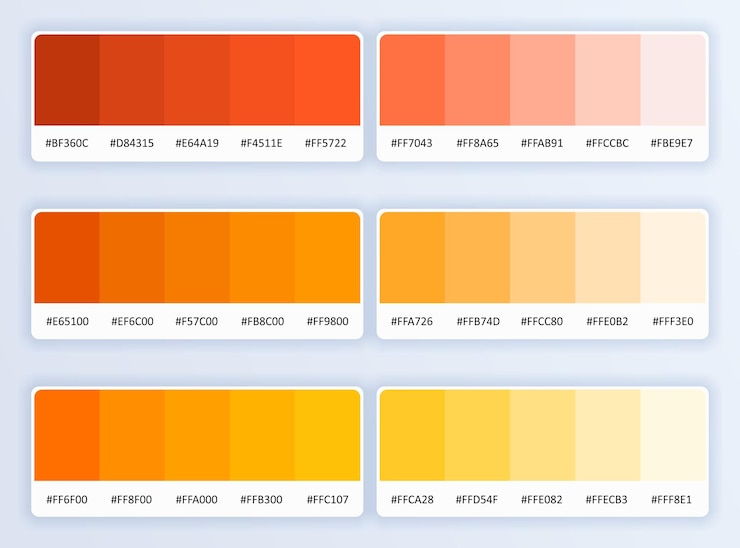 set of yellow and orange pantone color palette RGB hex