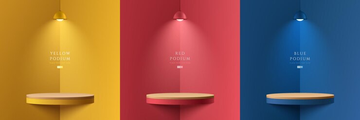 Vector set of yellow dark blue red realistic 3d floating cylinder podium in corner with hanging neon lamps