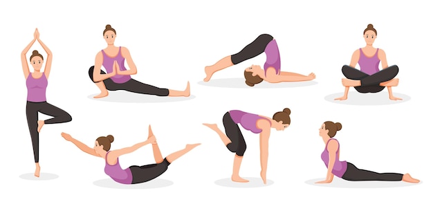 set of young woman doing yoga poses illustration