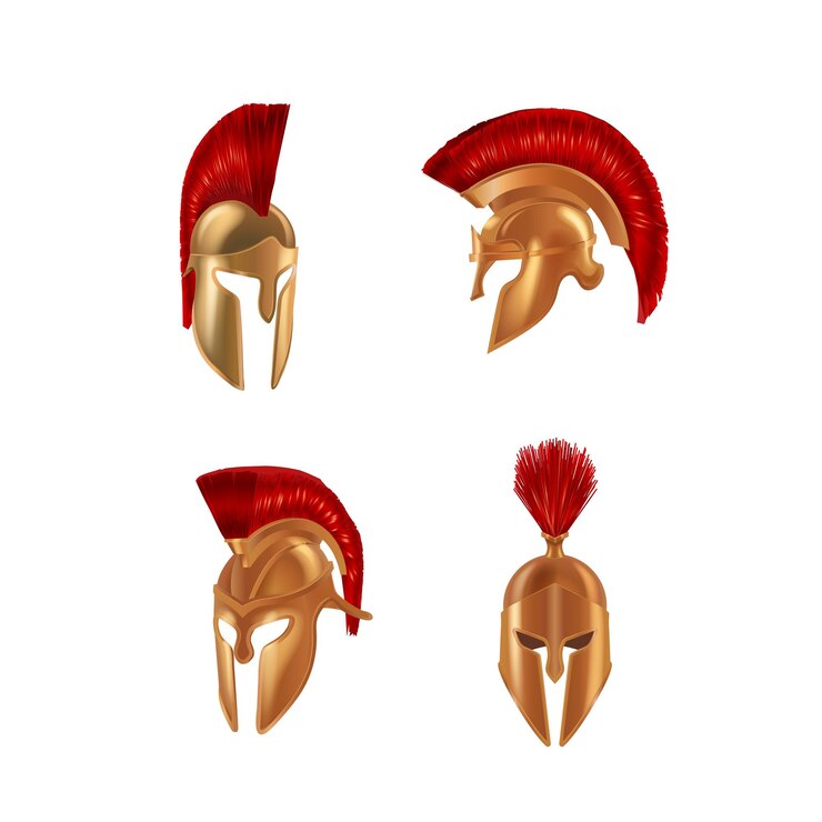 Vector set realistic spartan ancient greek roman helmet bronze protective headgear